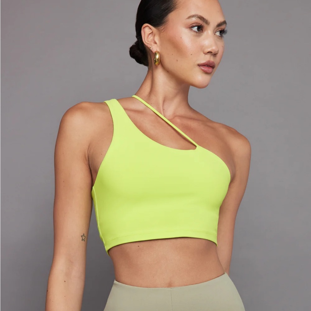 CARBON38 One Shoulder Convertible Bra Top in Melt acid lime small neon green